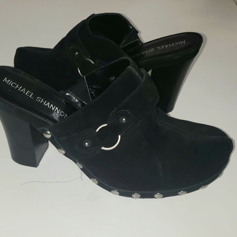Michael Shannon black suede tall clogs